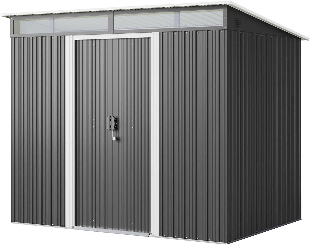 Gizoon 7.4'x5.3' Outdoor Storage Shed Metal Garden Shed with Sliding Lockable Doors, Versatile Tool Bike Shed with Transparent Panel Windows, Outdoor Storage Clearance for Backyard, Patio, Dark Gray