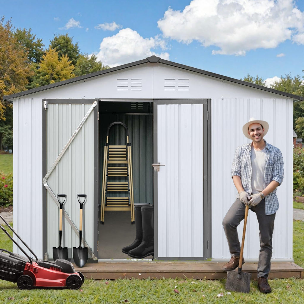 12' x 10' XL Outdoor Storage Shed, Sturdy Metal Building w/Lockable Doors for Garden, Backyard, Poolside and Lawn, White