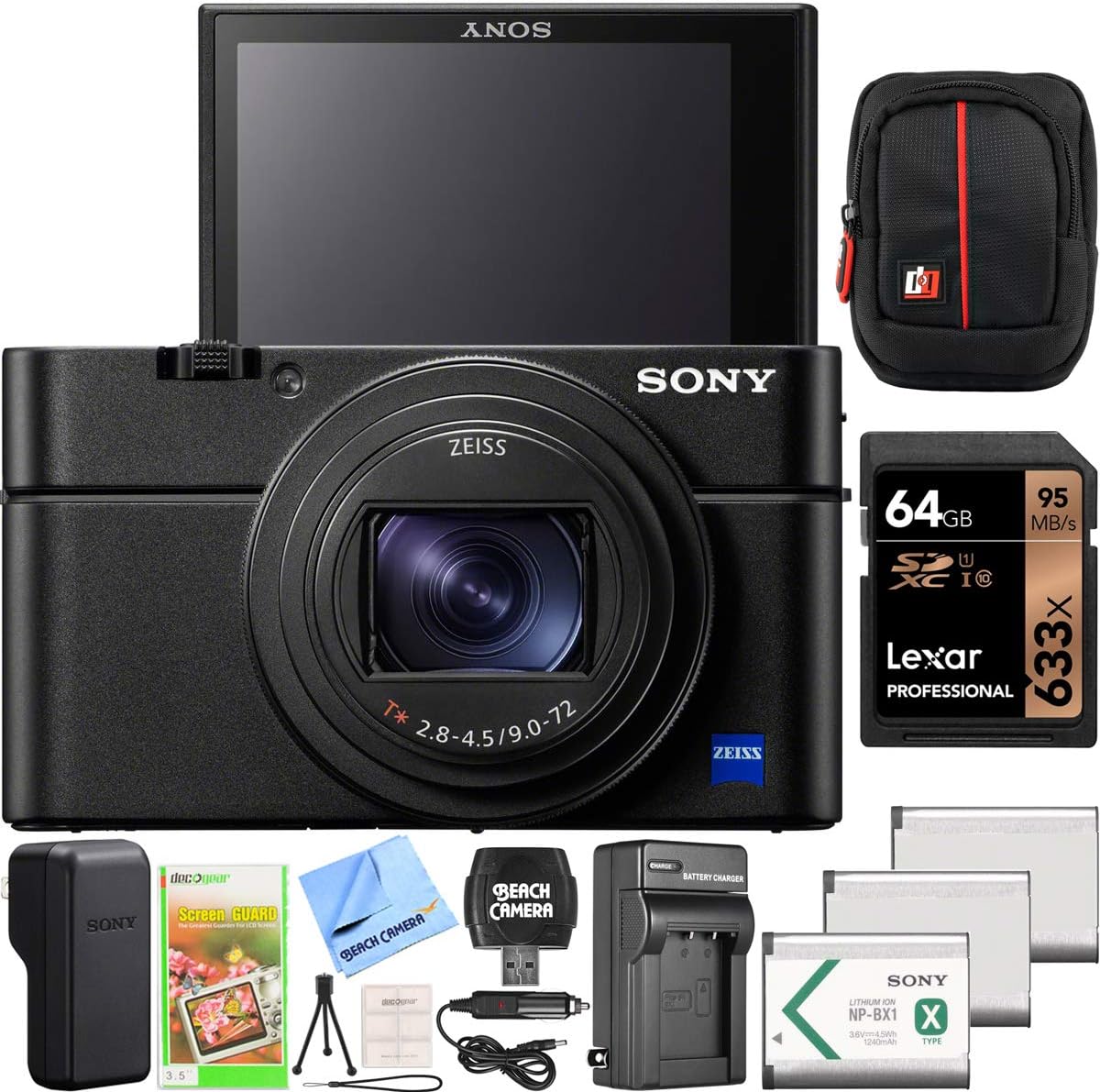 Sony Cyber-Shot RX100 VII RX100M7 Premium Compact Camera DSC-RX100M7 24-200mm Zoom Lens Essential Bundle with Triple 3X Battery Pack + 64GB Memory Card + Deco Gear Travel Case Accessory Kit