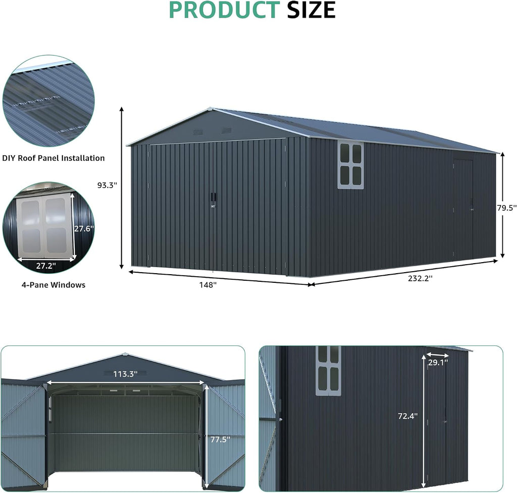 KUIKUI Sheds & Outdoor Storage 13x20ft Upgrade, Heavy Duty Outdoor Storage Shed with 2 Windows and 2 Translucent Roof for Car and Tools