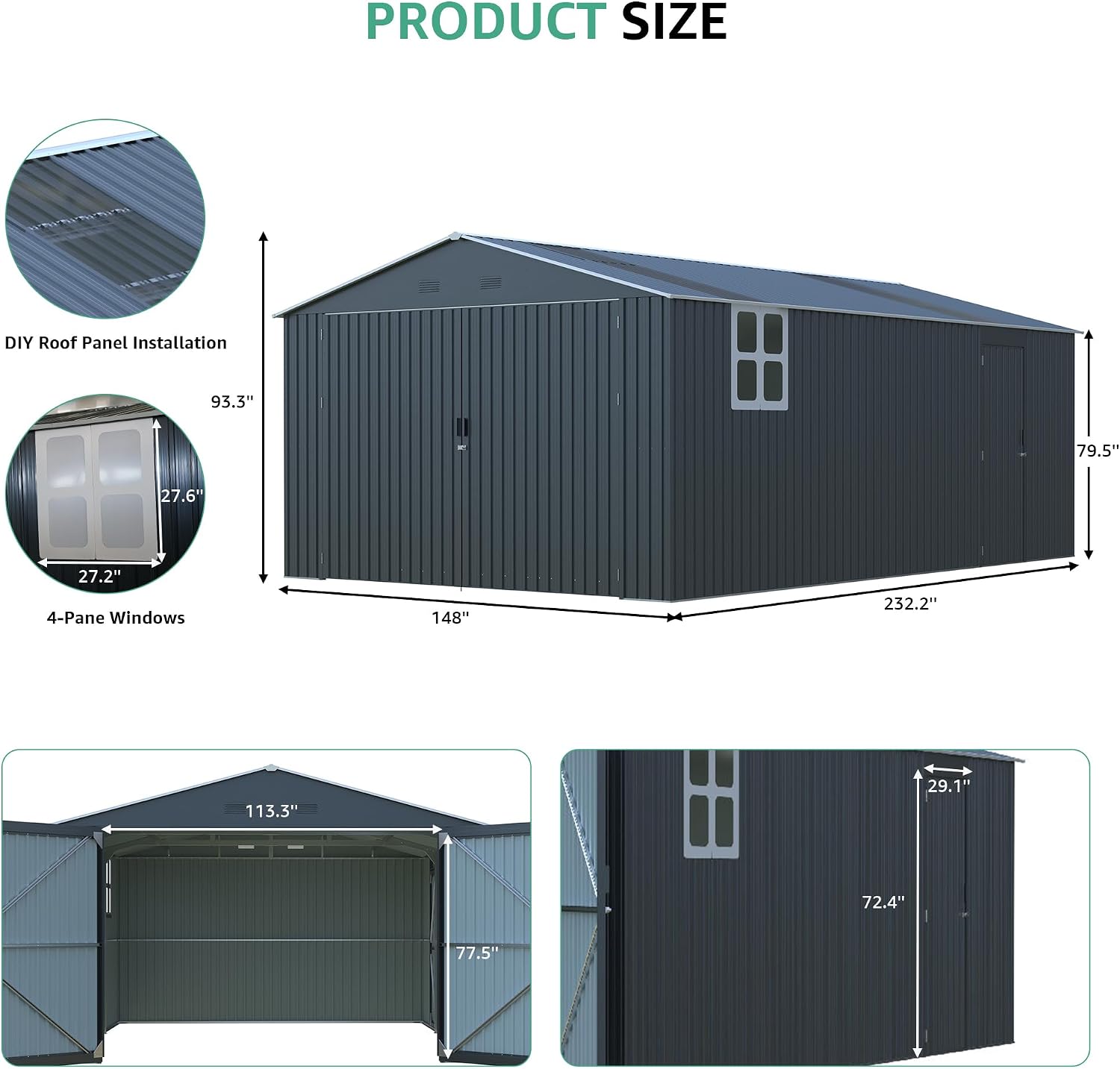 KUIKUI Sheds & Outdoor Storage 13x20ft Upgrade, Heavy Duty Outdoor Storage Shed with 2 Windows and 2 Translucent Roof for Car and Tools
