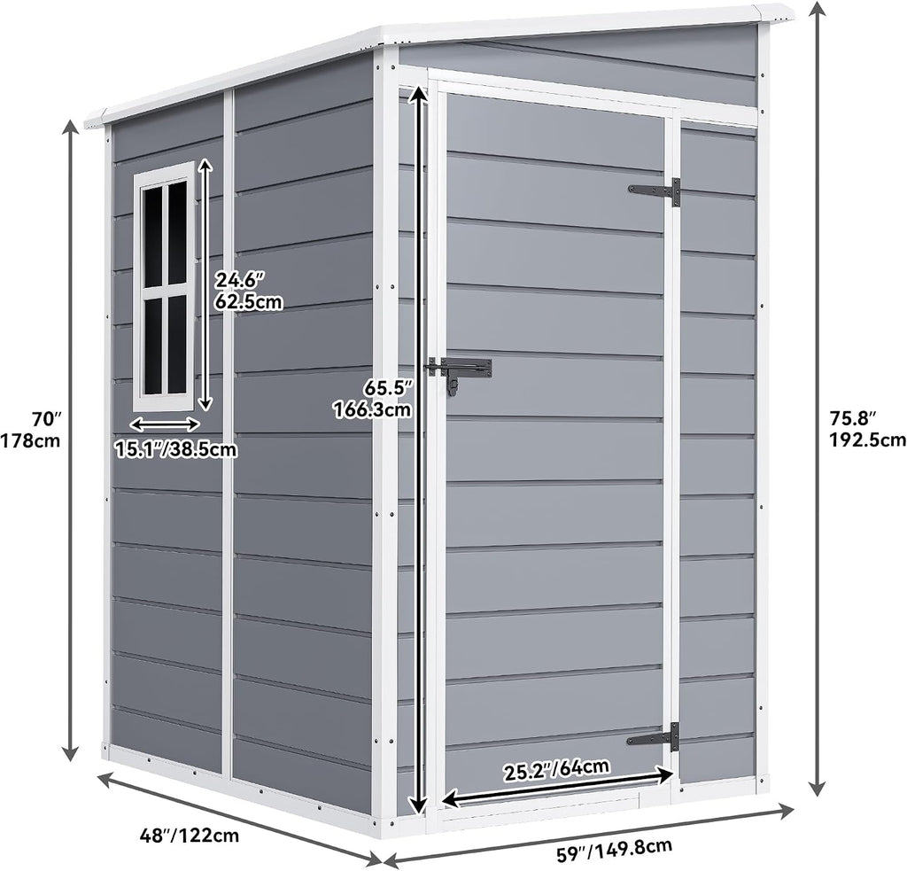 DWVO 5x4ft Resin Outdoor Storage Shed with Floor, Large Waterproof Lockable Storage Shed with Window, Plastic Outside Tool Storage for Garden Backyard Patio Lawn (Gray)