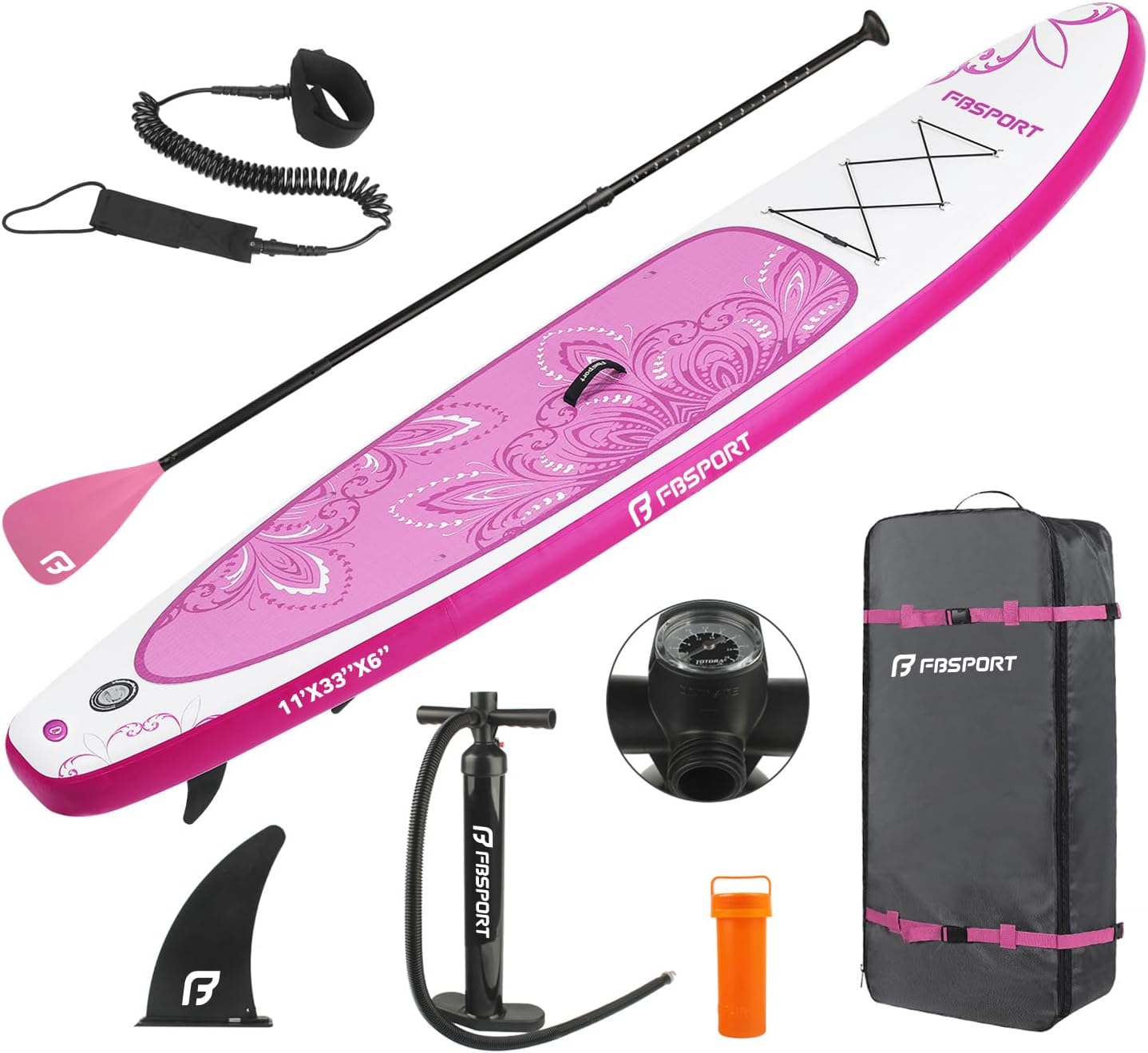 FBSPORT 11' Premium Stand Up Paddle Board, Yoga Board with SUP Accessories & Carry Bag | Wide Stance, Surf Control, Non-Slip Deck, Leash, Paddle and Pump for Youth & Adult