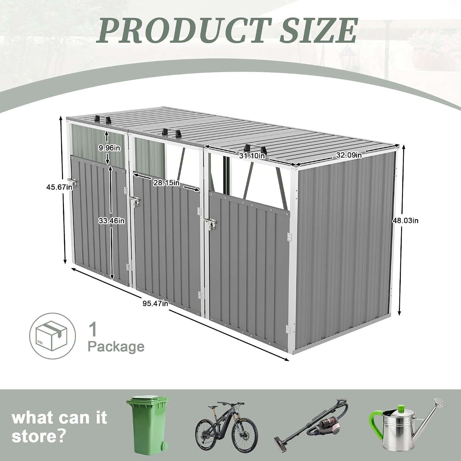 Montary 85 CU.FT Metal Outdoor Garbage Bin Storage Shed with Chain Lid, Waterproof Trash Can Organizer for 3 Bins, Garden Tools for Garden Yard Lawn, Grey