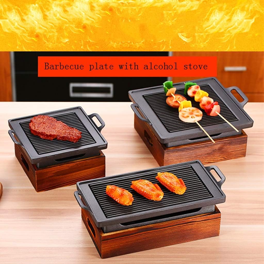 BBQ Barbeque Barbecue Grill,BBQ,Korean Non-Stick Baking Tray Alcohol Barbecue Grill,Holding Stove,Wooden Base,Indoor and Outdoor (Size : 28cm15cm)