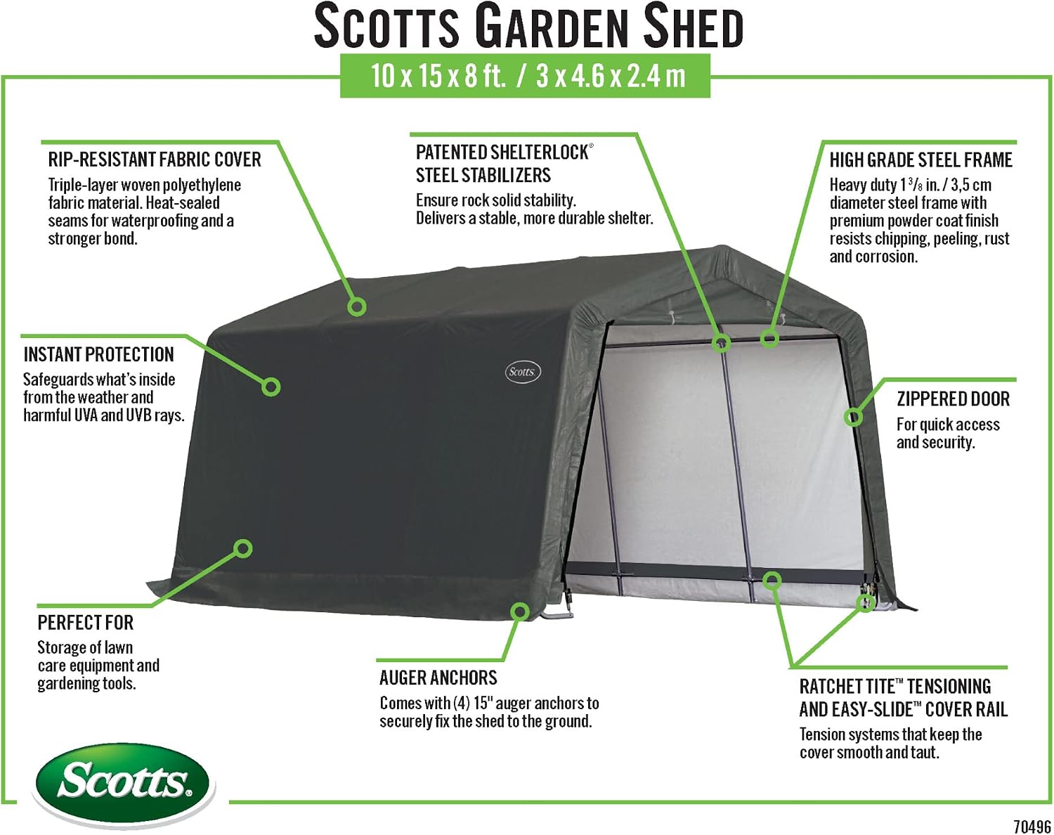 Scotts 10' x 15' x 8' All Season Outdoor Storage Shed with Waterproof Cover, Green