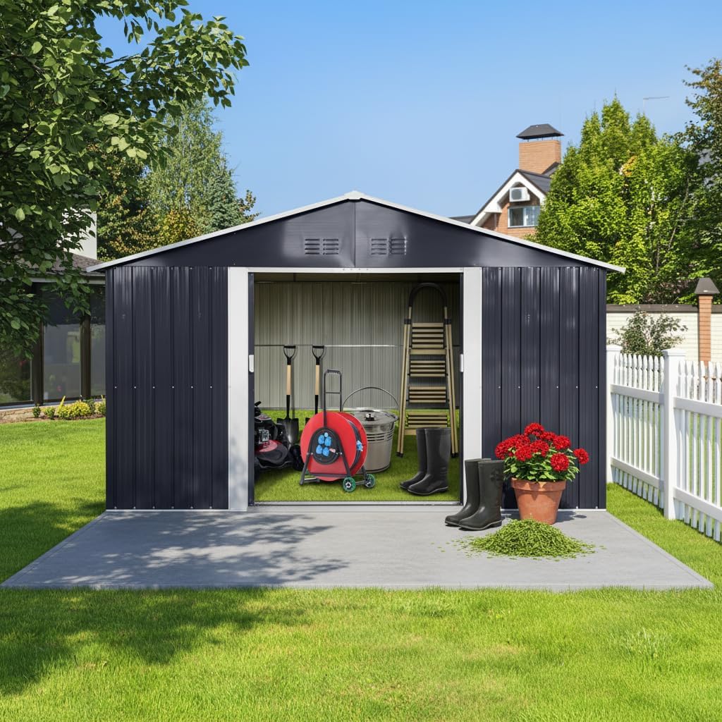 YOPTO 11.2x10.6 FT Outdoor Storage Shed Galvanized Metal Tool Shed with Window and Sliding Door,Waterproof Garden House w/Punched Vents & Locks,for Patio,Lawn,Backyard,Grey