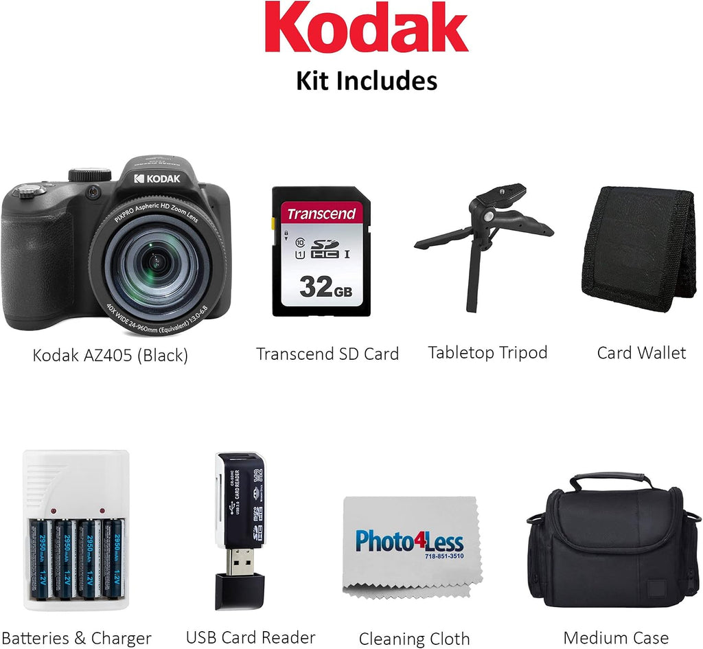 Kodak PIXPRO AZ405 Digital Camera Black, Point & Shoot Camera Case, 32GB SD Memory Card, Rechargeable Batteries & Charger, USB Card Reader, Table Tripod, Accessories