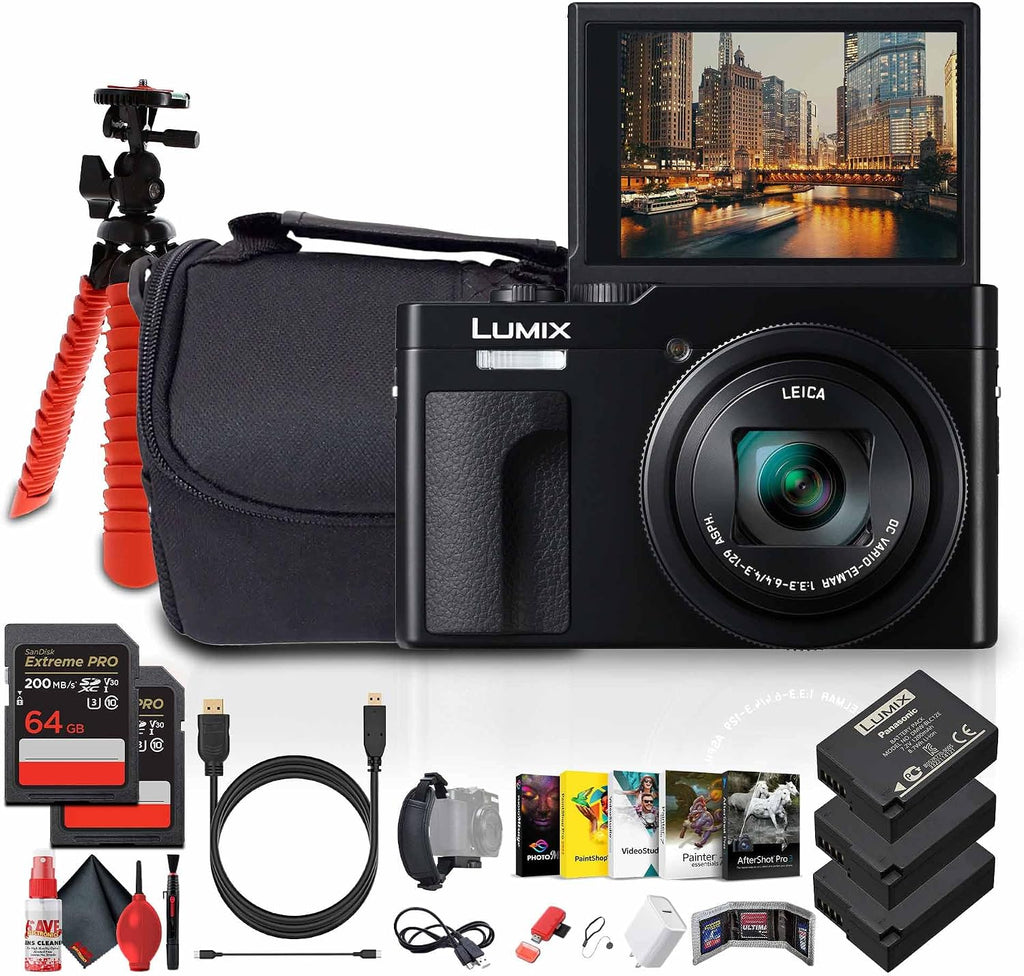 Panasonic ZS99 Point and Shoot Compact Travel Digital Camera (Black) (DC-ZS99K) + Photography Software + 2 x 64GB Memory Card + 2 x DMW-BLG10 Battery + Camera Bag + Flexible Tripod + More