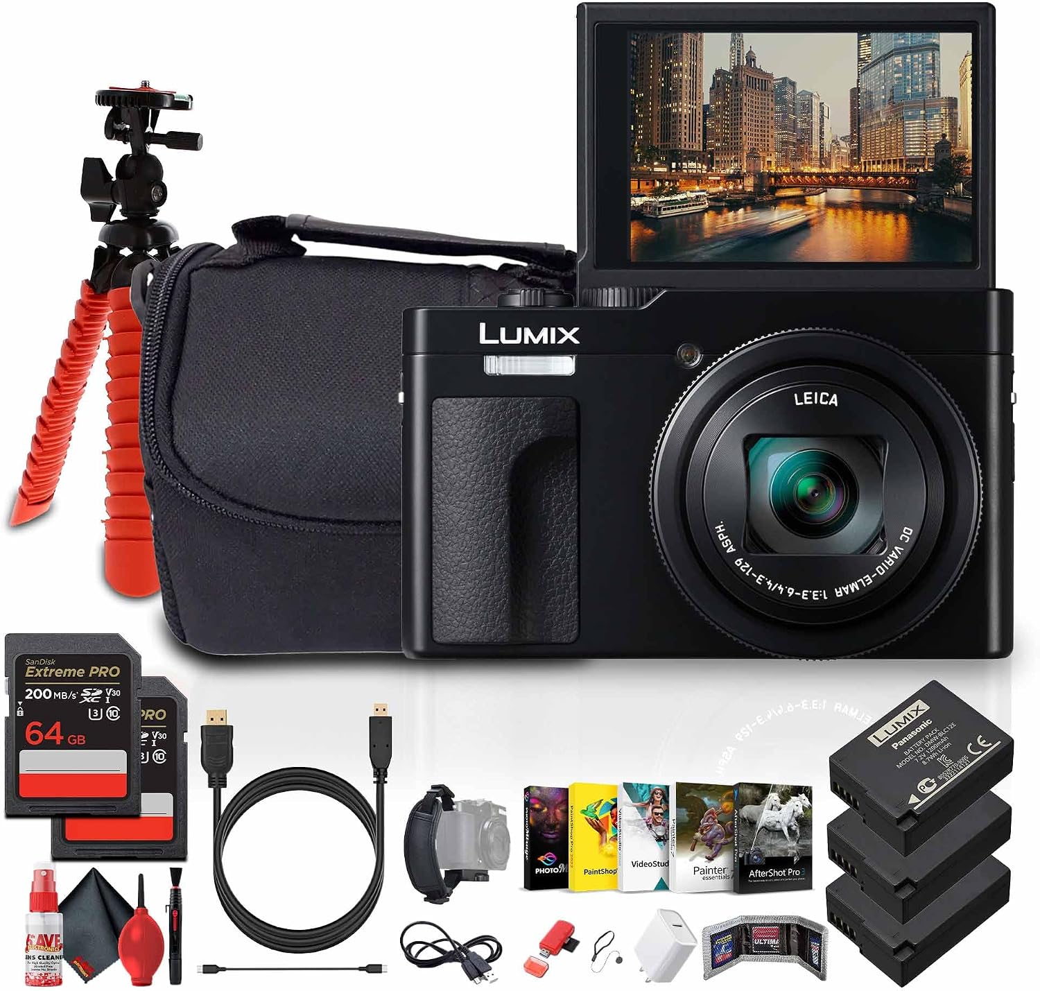 Panasonic ZS99 Point and Shoot Compact Travel Digital Camera (Black) (DC-ZS99K) + Photography Software + 2 x 64GB Memory Card + 2 x DMW-BLG10 Battery + Camera Bag + Flexible Tripod + More