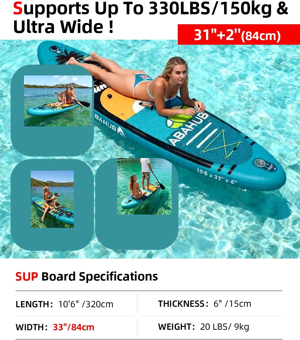 Abahub Inflatable SUP, Wide 10'6' x 31'/34' iSUP, Standup Paddleboard with Adjustable SUP Kayak Paddle, for Yoga, Paddle Board, Kayaking, Surf, Canoe, Fishing