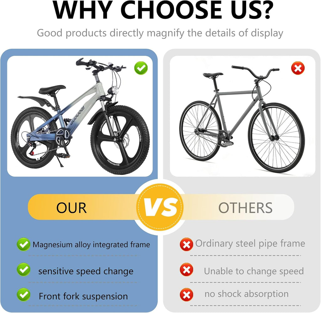 20 Inch Mountain Bike Bicycle for Kids Ages 7-12 with Dual Disc Brakes, 7 Speeds, Shock Absorber, LED Lights,for Boys & Girls
