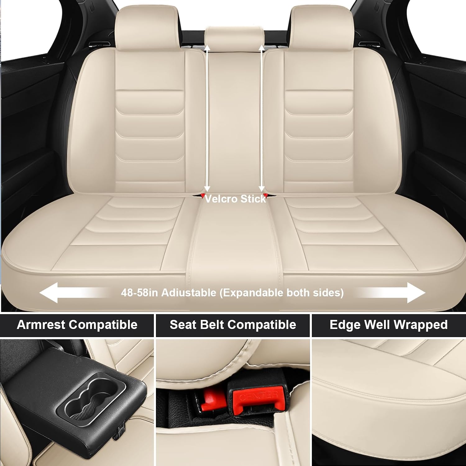 DHAEY Car Seat Covers for Volkswagen Atlas 2018-2025, Family Seat Covers, Nappa Leather, Wear-Resistant, Anti-Slip, Waterproof, 5PCS Full Set, Beige