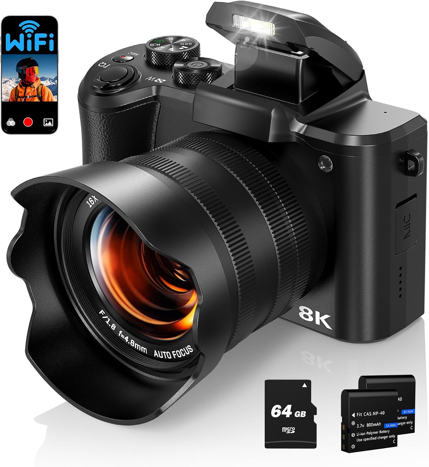 Fulealfly 8K Digital Camera for Photography, 88MP Autofocus WiFi Vlogging Camera for YouTube Video with Front and Rear Lens, Flash, Touch Screen, Lens Hood, 64GB Card, 2 Batteries(Black)