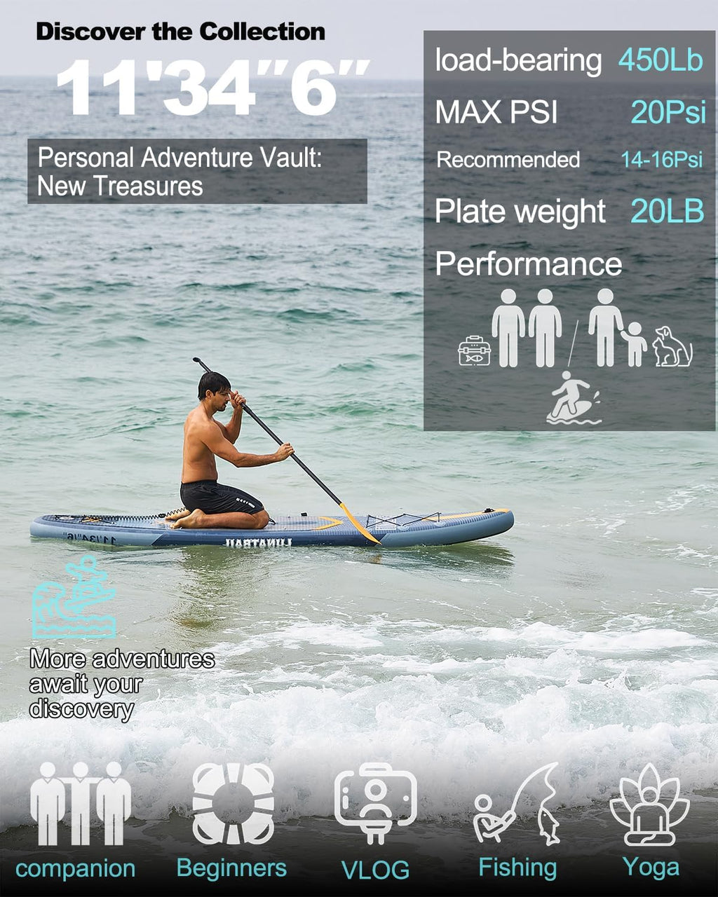 【11'×34'】 Extra Long/Extra Wide Premium Inflatable Stand Up Paddle Board (SUP) – Portable & Lightweight for Yoga, Surfing, Family Fun | Complete Kit with Paddle, Pump, Bag | Durable Design