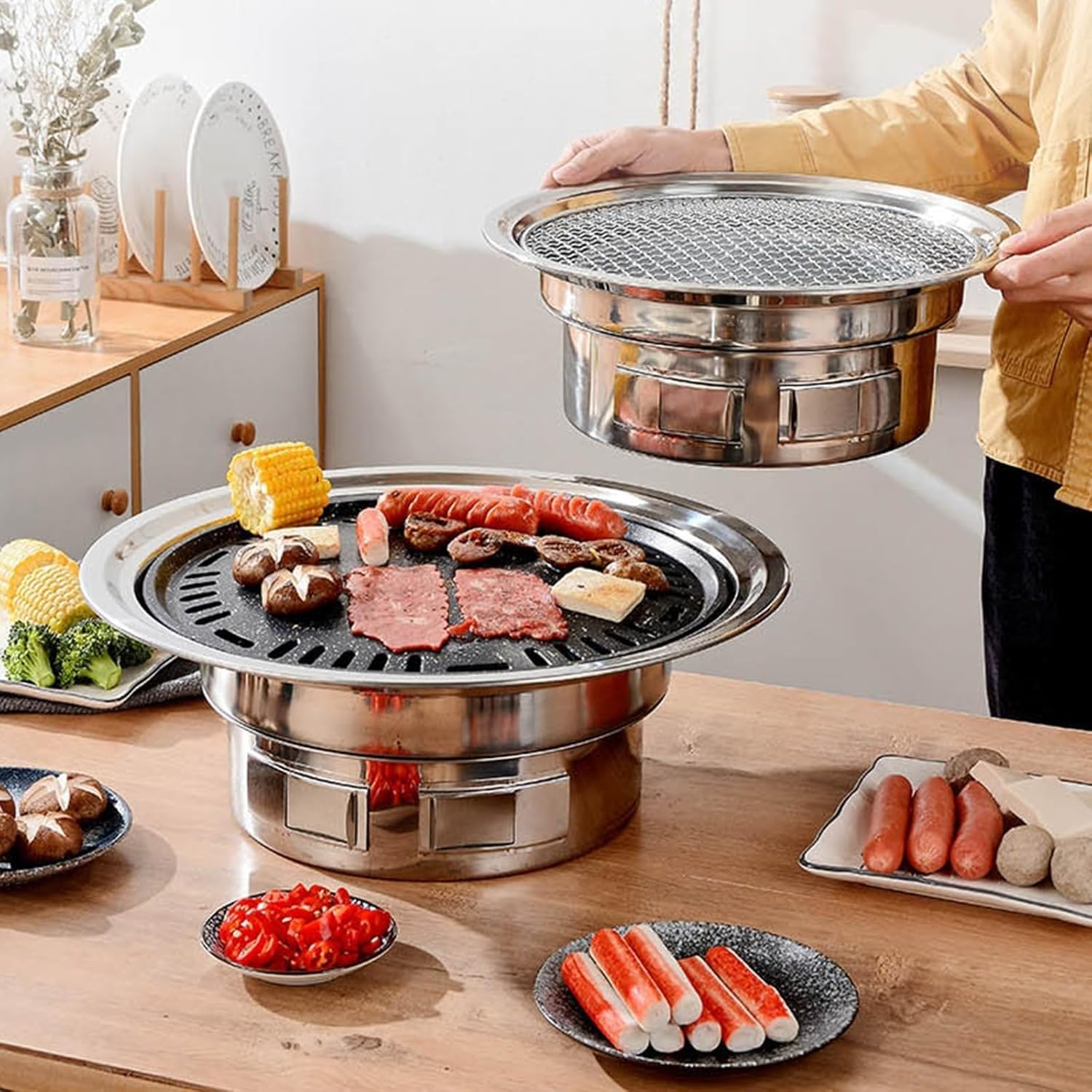 EKsma BBQ Charcoal Grill, 13.7 inch Non-Stick Stainless Steel Korean Barbecue Grill, Portable Charcoal Stove for Outdoors Camping Picnic and Indoor Party Cooking