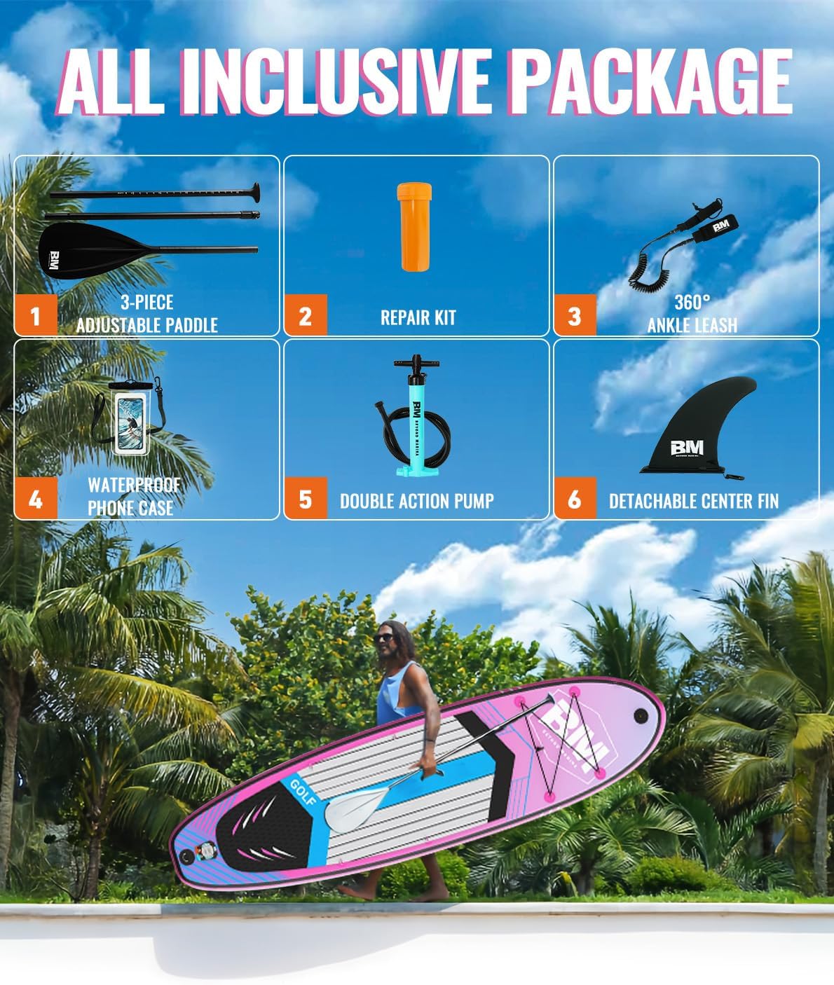 BM Paddle Board Inflatable Stand Up Paddle Board, SUP Paddleboard for Adult, Premium Accessories | Non-Slip EVA Deck & Foam Handles, Camera Mount, Double Action Pump, 85L Travel Backpack