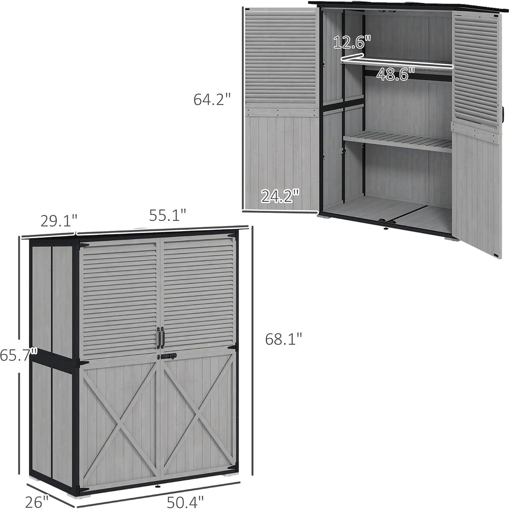 Outsunny Outdoor Storage Cabinet, Wood Garden Tool Shed with Lock, Steel Frame and Asphalt Roof, Garden Storage Shed with Adjustable Shelves and Feet for Patio Backyard Lawn, Gray
