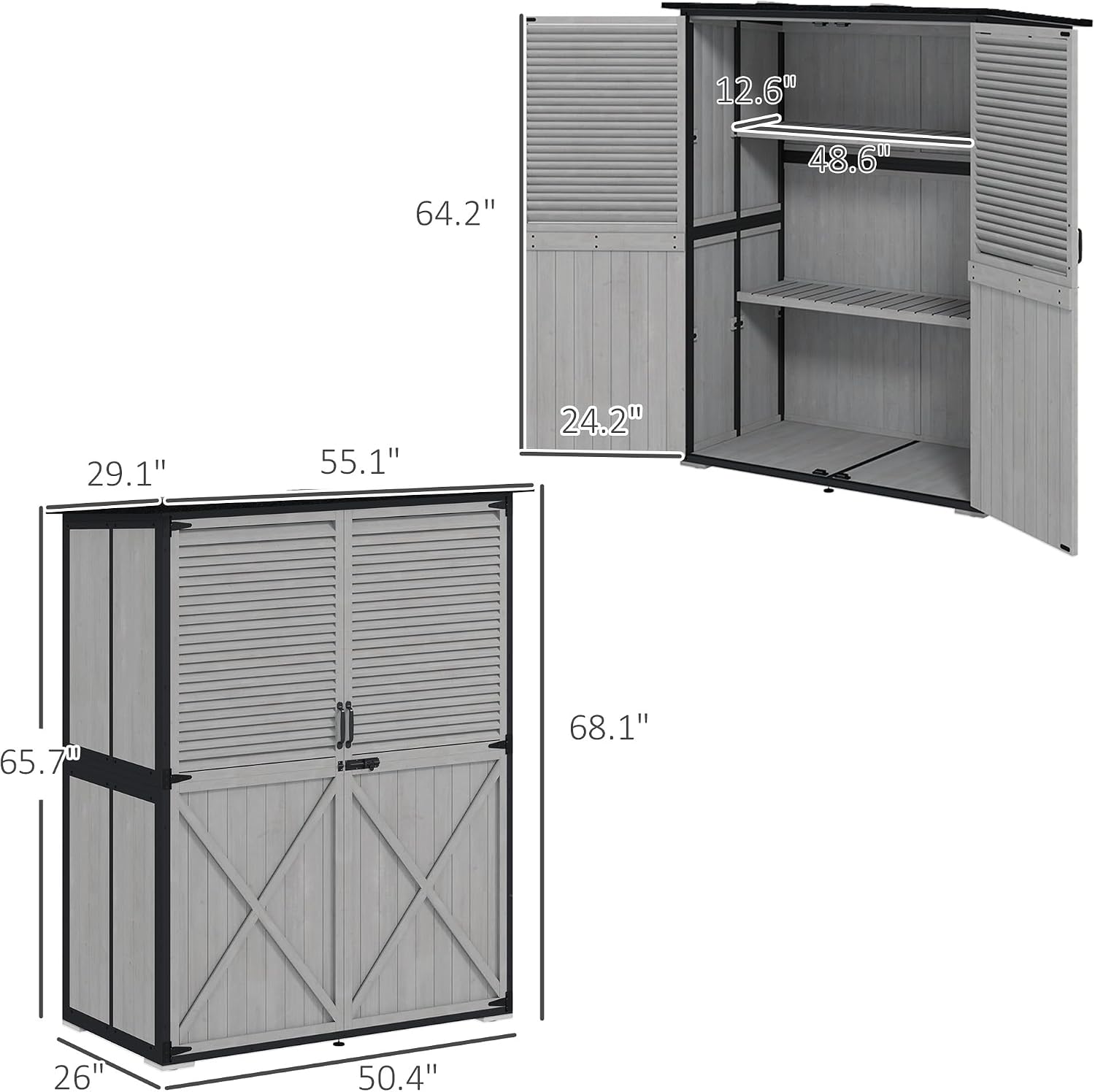 Outsunny Outdoor Storage Cabinet, Wood Garden Tool Shed with Lock, Steel Frame and Asphalt Roof, Garden Storage Shed with Adjustable Shelves and Feet for Patio Backyard Lawn, Gray