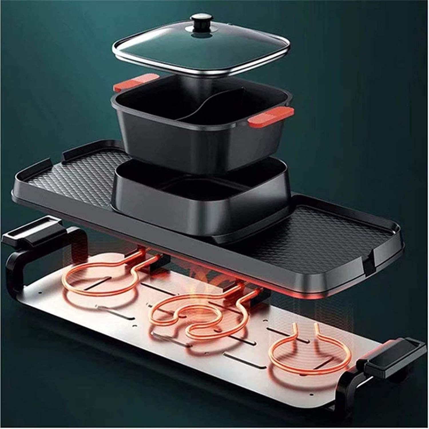 Electric BBQ Grill Indoor Hot Pot 2 in 1 2700W Non-Stick Baking Pan Separate Dual Temperature Control Smokeless Barbecue Machine Suitable for Gatherings