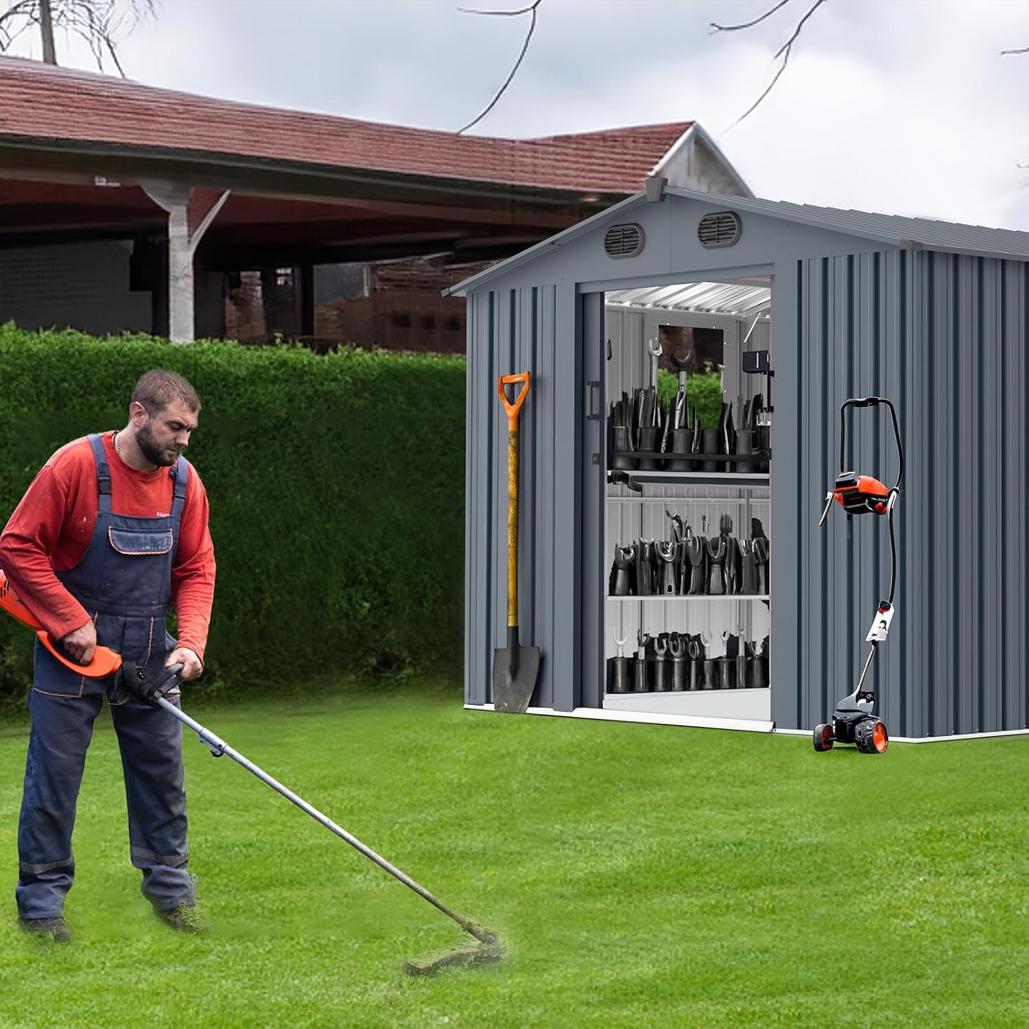 8x10FT Outdoor Storage Shed, Galvanized Steel Metal Storage Shed with Lockable Doors, Storage Sheds Outdoor Without Floor, Ventilation, Sloped Roof Metal Building for Tools (8x10 FT Steel)