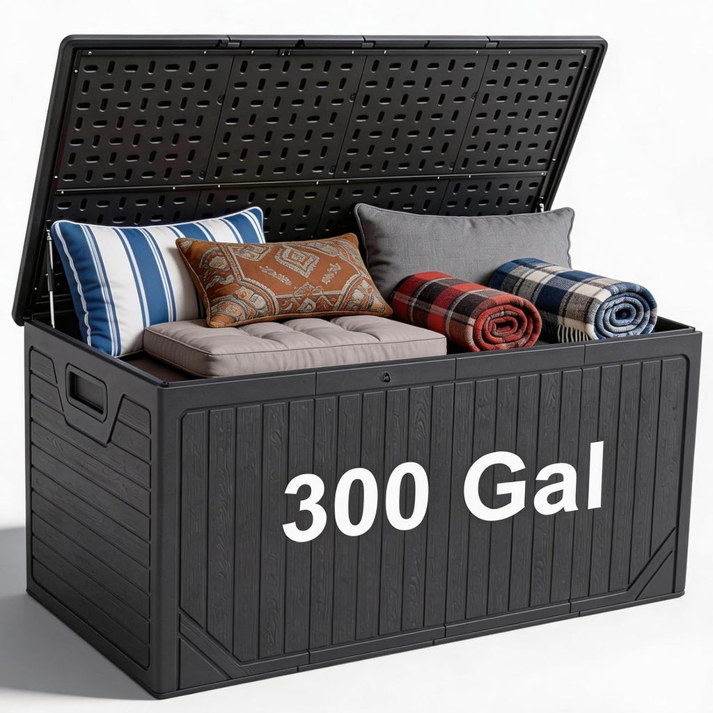 300 Gallon Outdoor Deck Box, Waterproof Outdoor Thick Resin Storage Box for Patio, Garden, Pool Equipment, and Outdoor Cushions (Black)