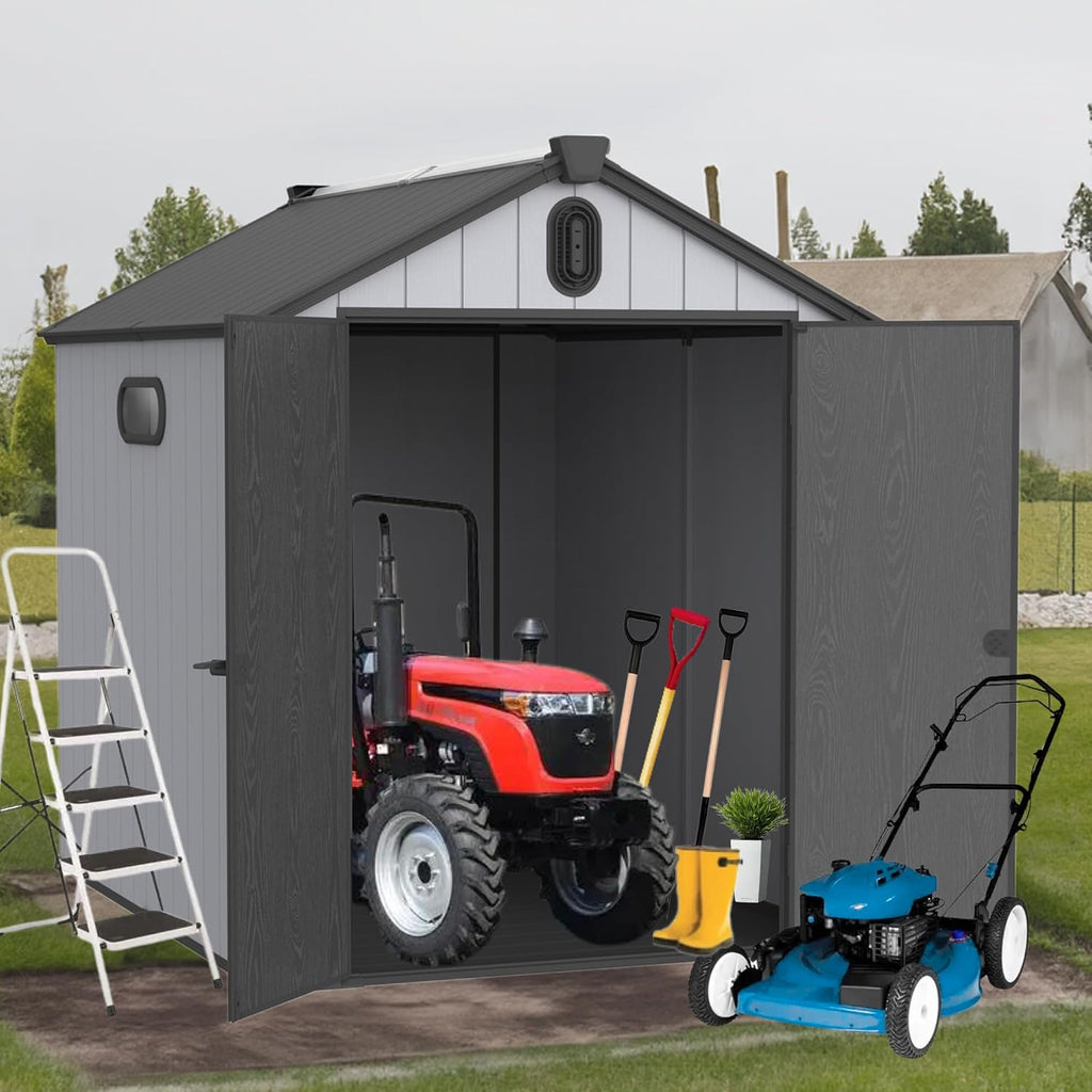 YOPTO 6x8 FT Outdoor Storage Shed with Hinge Door,Window & Air Vent,Outdoor Plastic Tool House W/Waterproof Tilted Roof,Heavy Duty Stroage Unit for Backyard,Patio,Lawn,Garden,Grey+Black