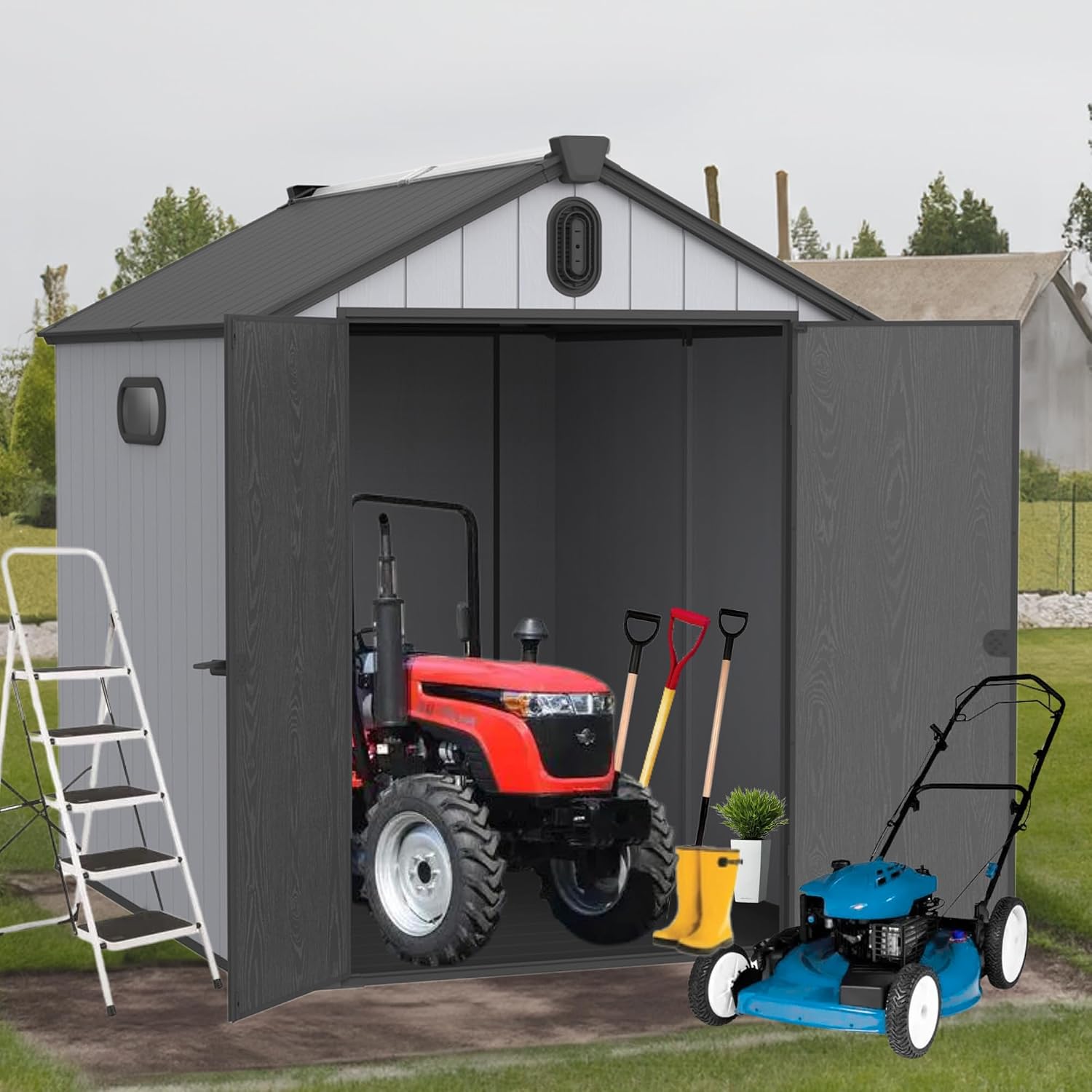 YOPTO 6x8 FT Outdoor Storage Shed with Hinge Door,Window & Air Vent,Outdoor Plastic Tool House W/Waterproof Tilted Roof,Heavy Duty Stroage Unit for Backyard,Patio,Lawn,Garden,Grey+Black