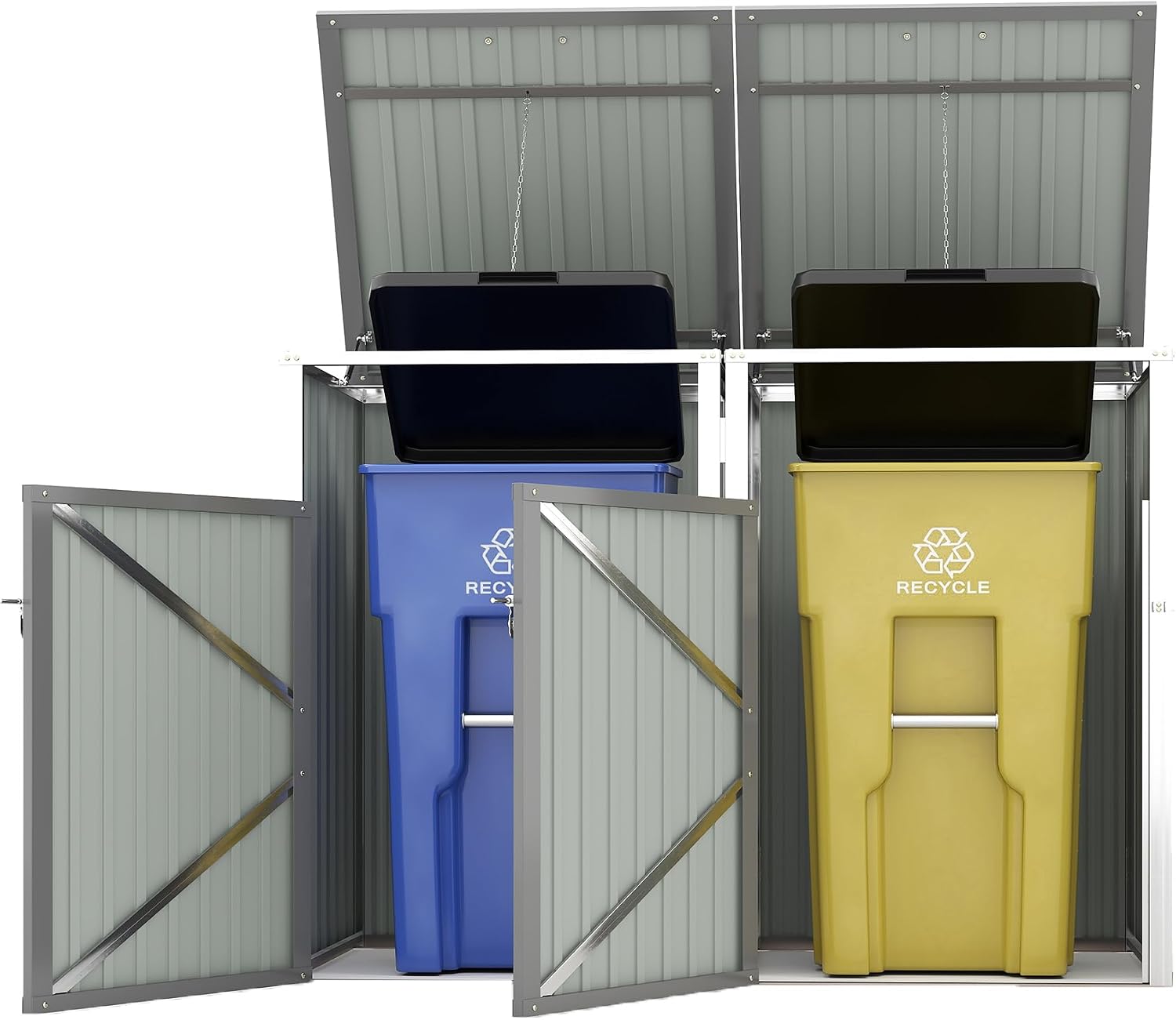 Montary 54 CU.FT Metal Outdoor Garbage Bin Storage Shed with Chain Lid, Waterproof Trash Can Organizer for 2 Bins, Garden Tools for Garden Yard Lawn, Grey