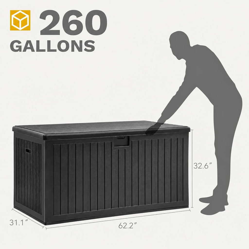 DWVO 260 Gallon Resin Outdoor Storage Box, XXL Double-Wall Waterproof Deck Box with Divider, Doubles as Table or Seating with 1000 lbs Capacity, Lockable (Black)