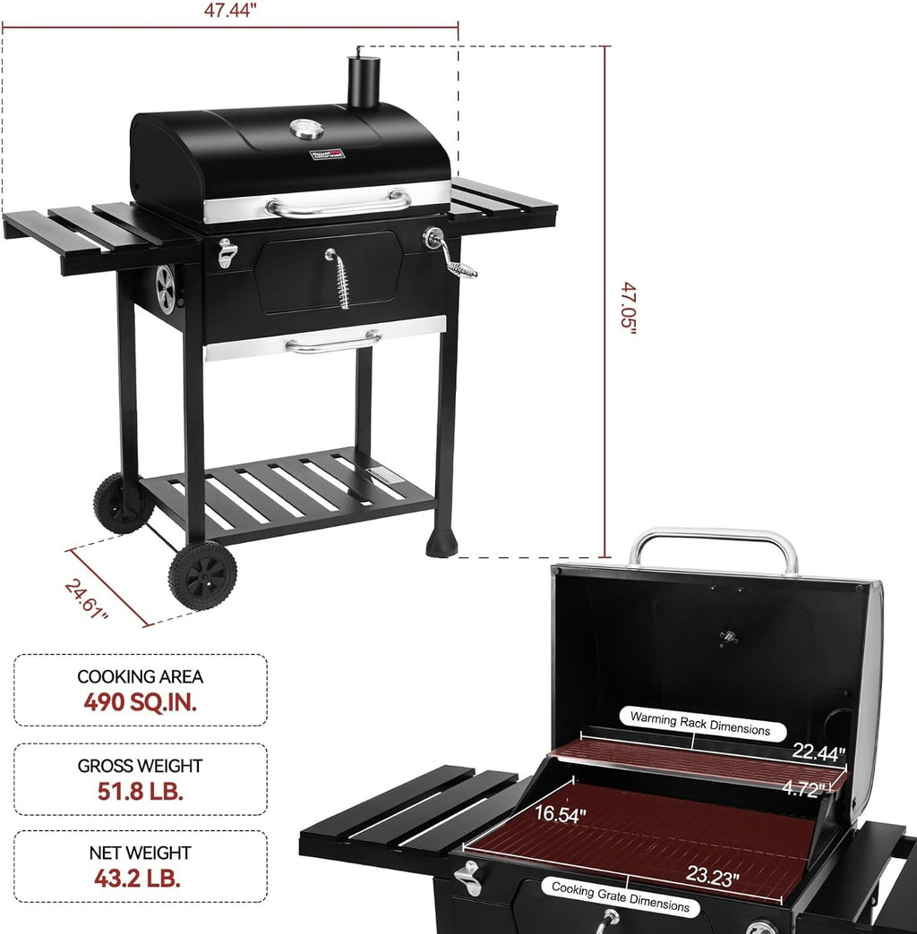 Movable Charcoal BBQ Grill with Foldable Side Tables, Black
