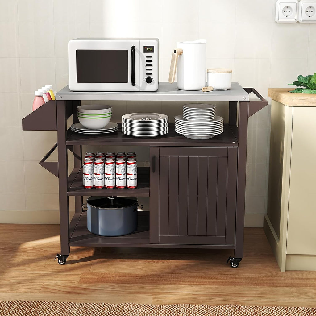 Giantex Outdoor Grill Cart with Storage Cabinet & Shelves, Patio Kitchen Island Table with Stainless Steel Top, Spice & Towel Rack, Movable Pizza Oven Stand on Wheels, Rolling Bar Cart BBQ Prep Table
