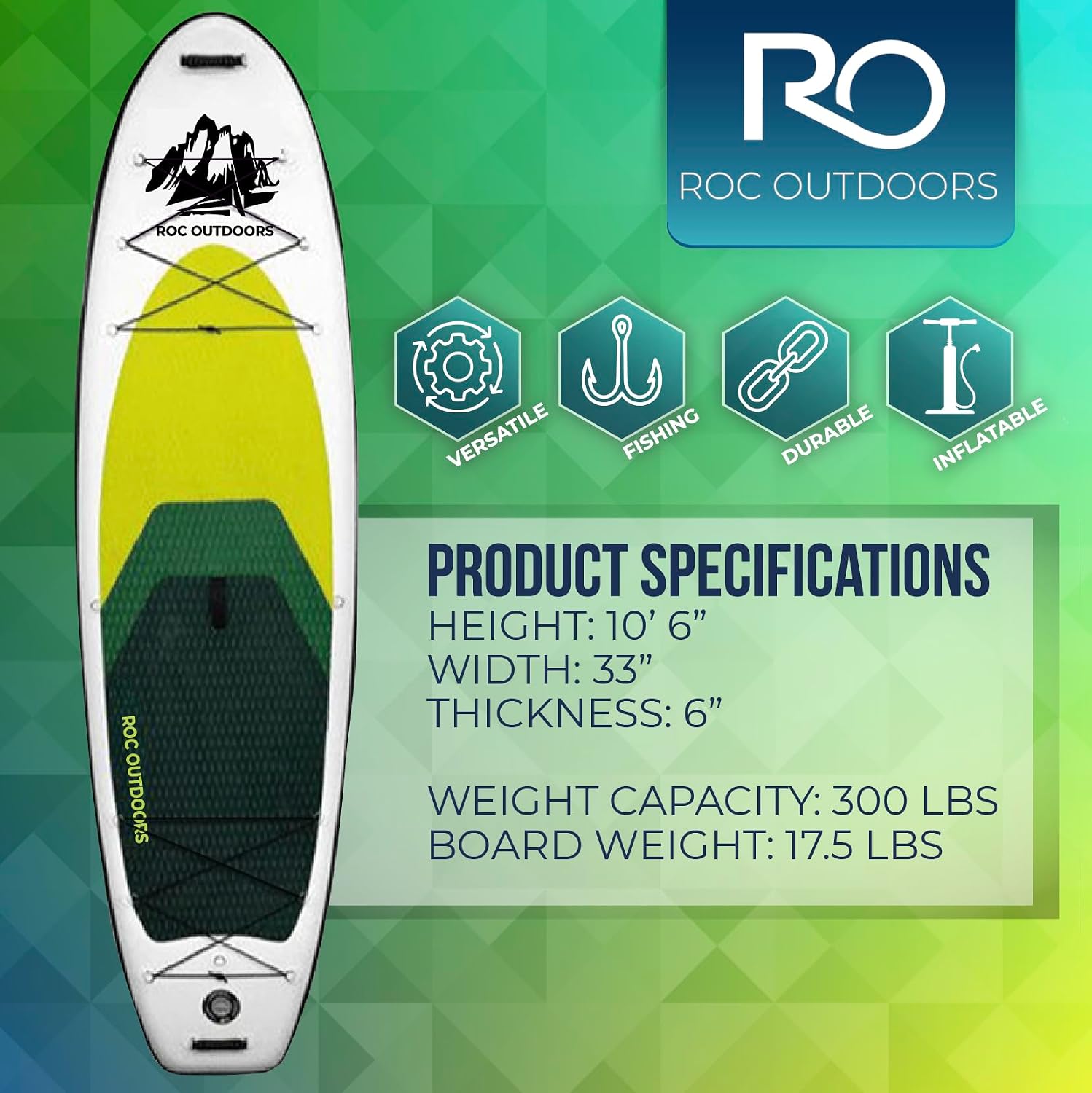 Roc Inflatable Stand Up Paddle Board 10' 6' with Premium SUP Paddle Board Accessories, Wide Stable Design, Non-Slip Comfort Deck for Youth & Adults