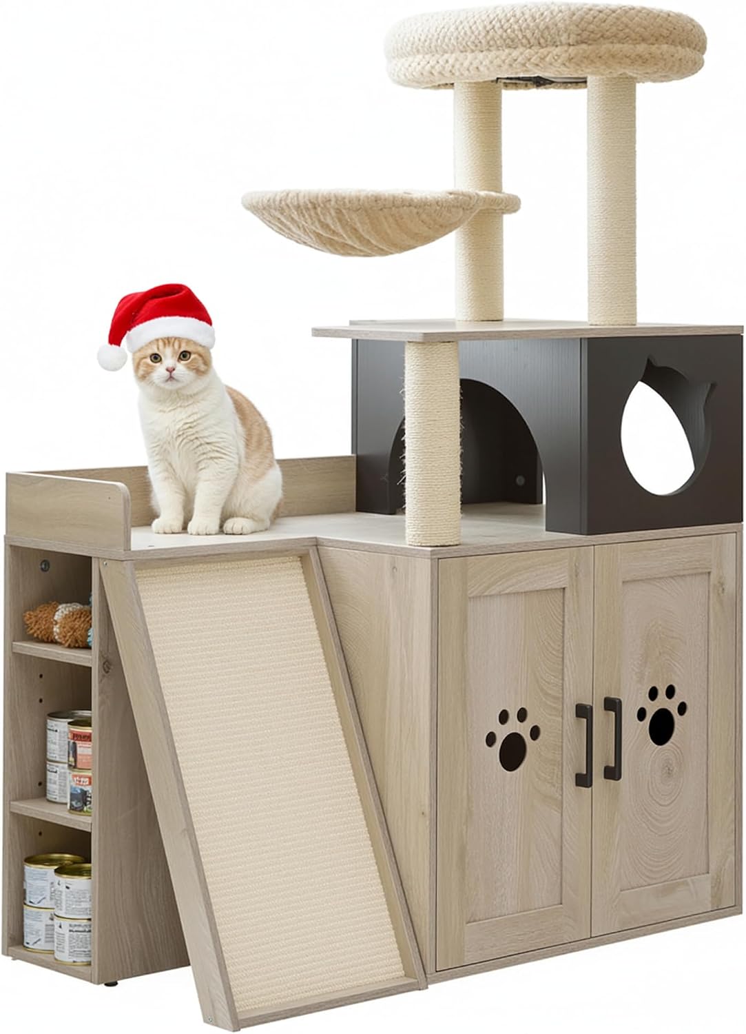 IRONCK Litter Box Enclosure with Cat Tree, 46' Hidden Litter Box with Sisal Scratching Ladder and Storage, Modular Wooden Litter Box Furniture with Condo and Platform, All-in-one Cat Tower, Greige