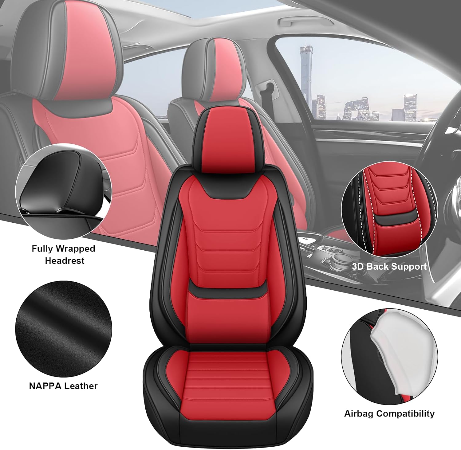 DHAEY Car Seat Covers for Volkswagen Atlas 2018-2025, Family Seat Covers, Nappa Leather, Wear-Resistant, Anti-Slip, Waterproof, 5PCS Full Set, Black Red