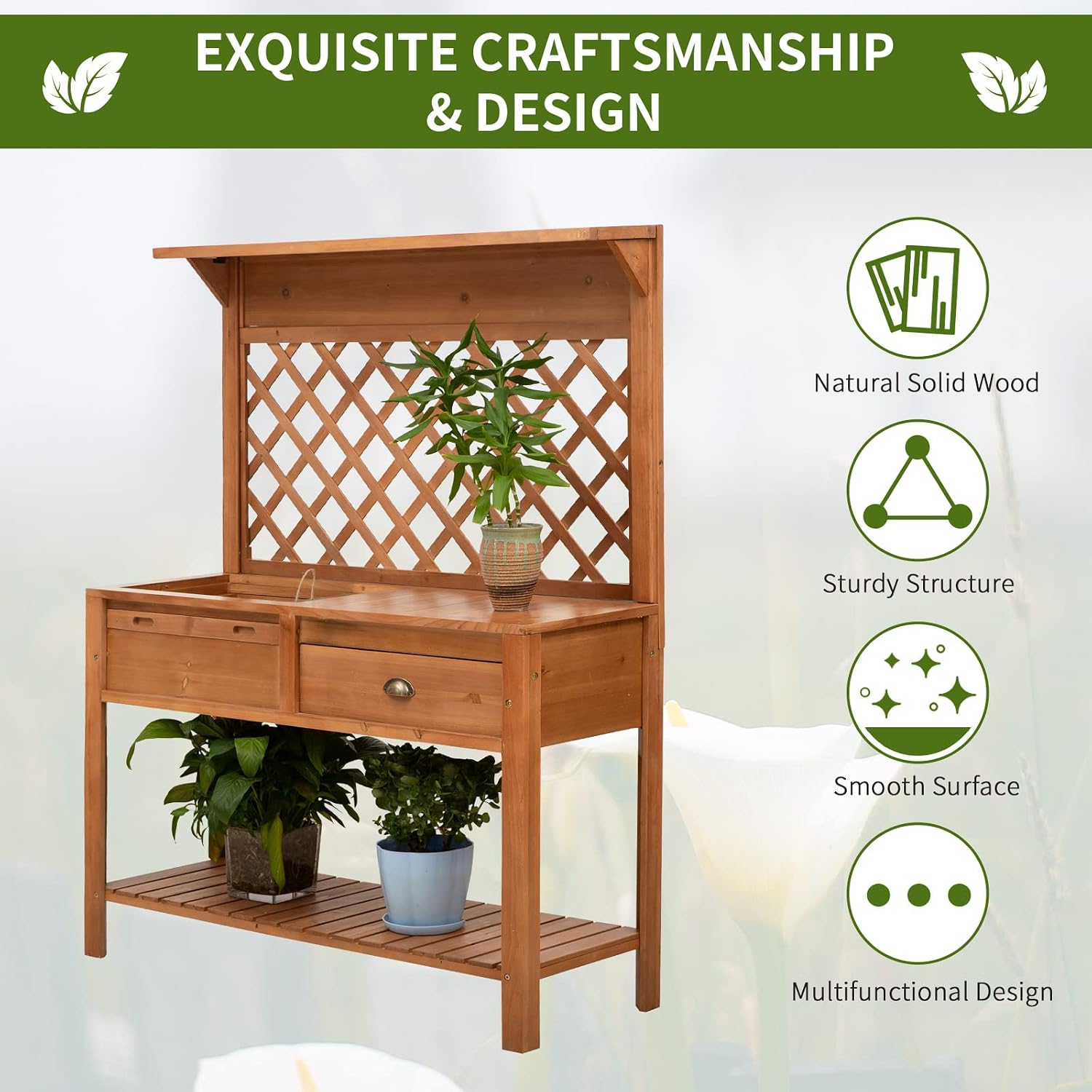 Outsunny Garden Potting Bench, Outdoor Wooden Workstation Table w/Metal Screen, Drawer, Hooks, Storage Shelf, and Lattice Back for Patio, Backyard and Porch, Natural