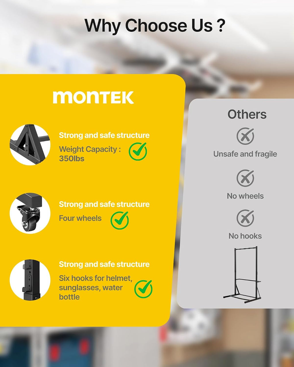 monTEK Freestanding Bike Storage Rack for 10 Bikes, Heavy Duty 617LBS Vertical Bike Stand with 10 Bike Hooks & 6 Helmet Hooks, Indoor and Outdoor Bike Storage Rack with Locking Casters