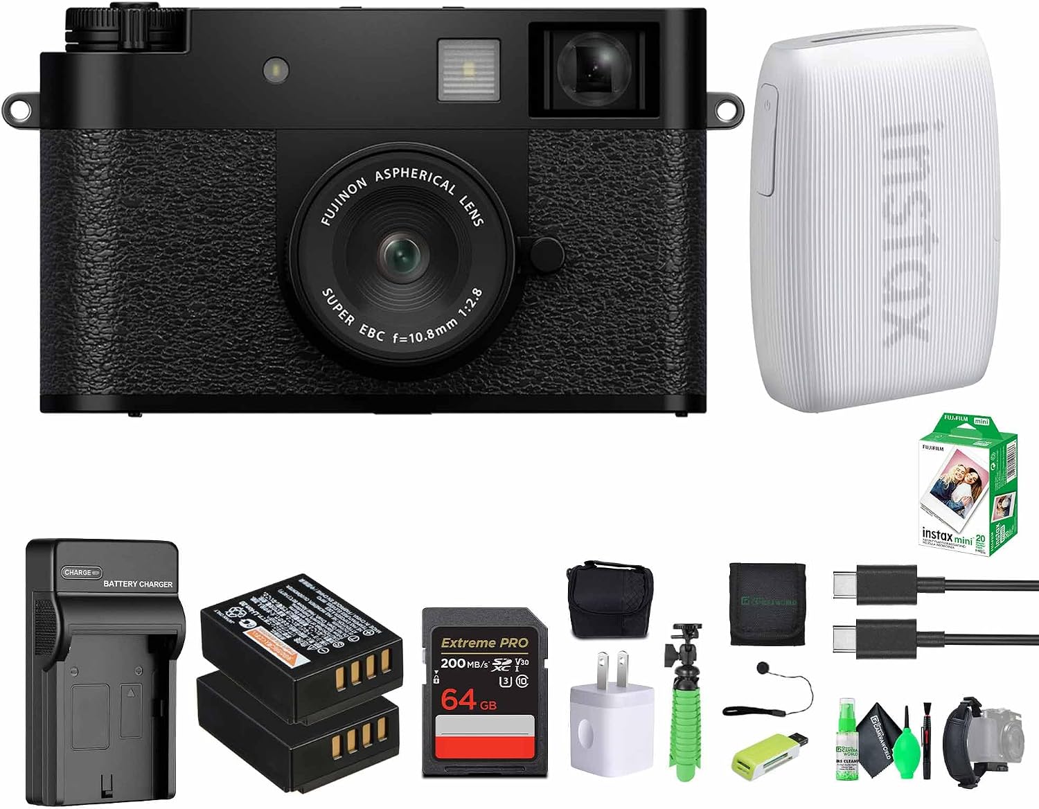 FUJIFILM X Half Premium Compact Digital Camera (Black) Bundle with Fuji INSTAX MINI Link 3 Smartphone Printer (Clay White) + Instax Mini Film + Extra Battery + Charger + 64GB Memory Card + More