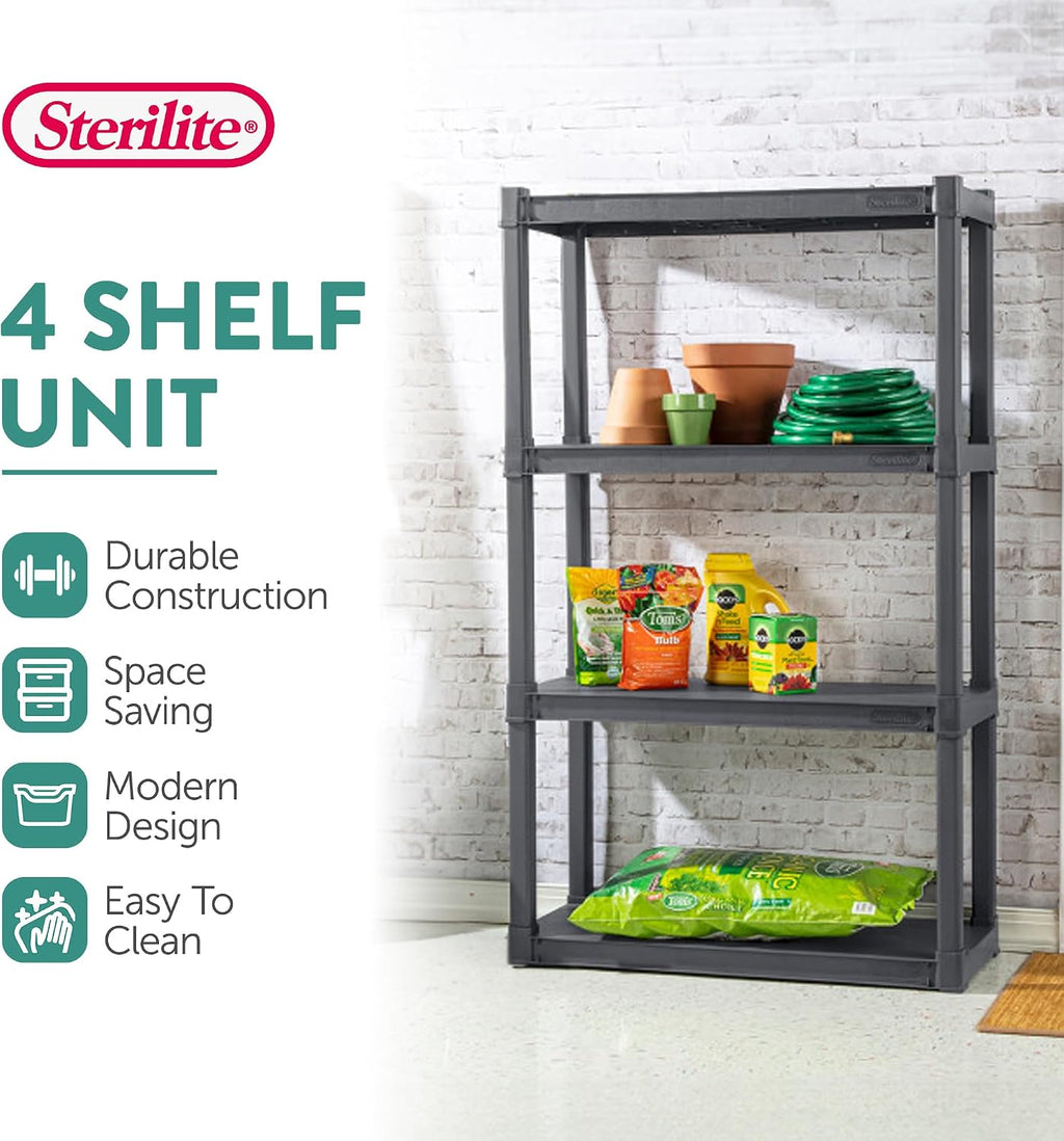 Sterilite 2-Pack 4 Shelf Unit, Heavy-Duty Shelving Storage and Utility Rack - Standing Plastic Organizer Shelves for Kitchen, Bathroom, and Garage
