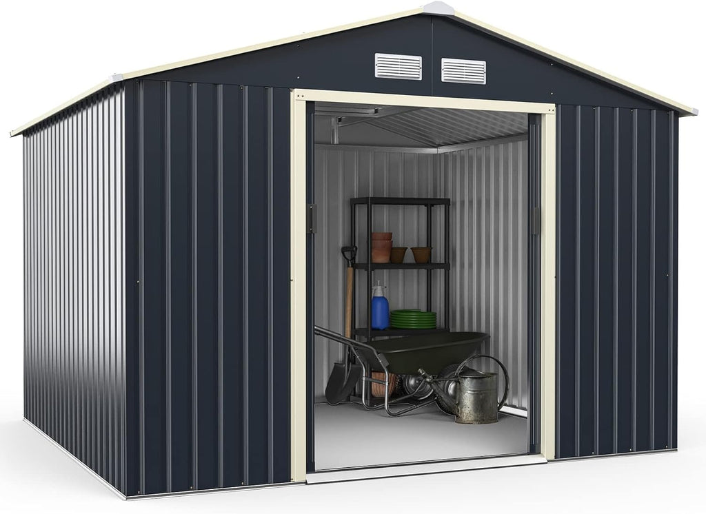 Goplus Storage Shed, Metal 9' X 8' Outdoor Building Organizer with 4 Vents & Double Sliding Door for Garden Backyard Farm (9'X8')