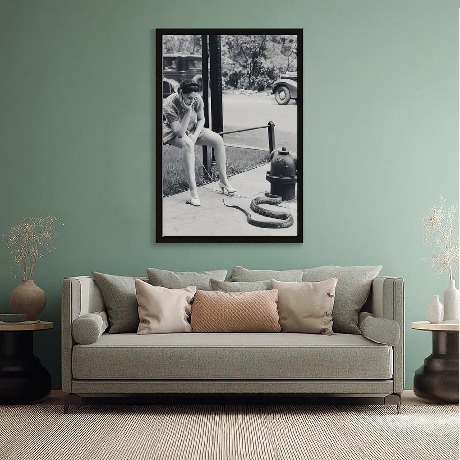Woman Walking Pet Snake, Black And White Art, Vintage Snake on Leash, Oddities, Funny Poster Canvas Poster Wall Art Decor Print Picture Paintings for Living Room Bedroom Decoration Black Frame 24x36in