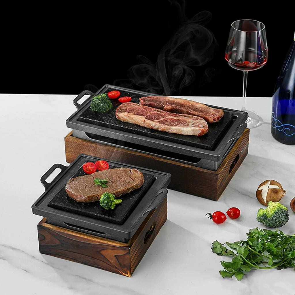 Korean Japanese Barbecue Grill Smokeless Portable BBQ Grill with Wooden Base and Alcohol Tray for Indoor Camping Garden,32 * 21cm