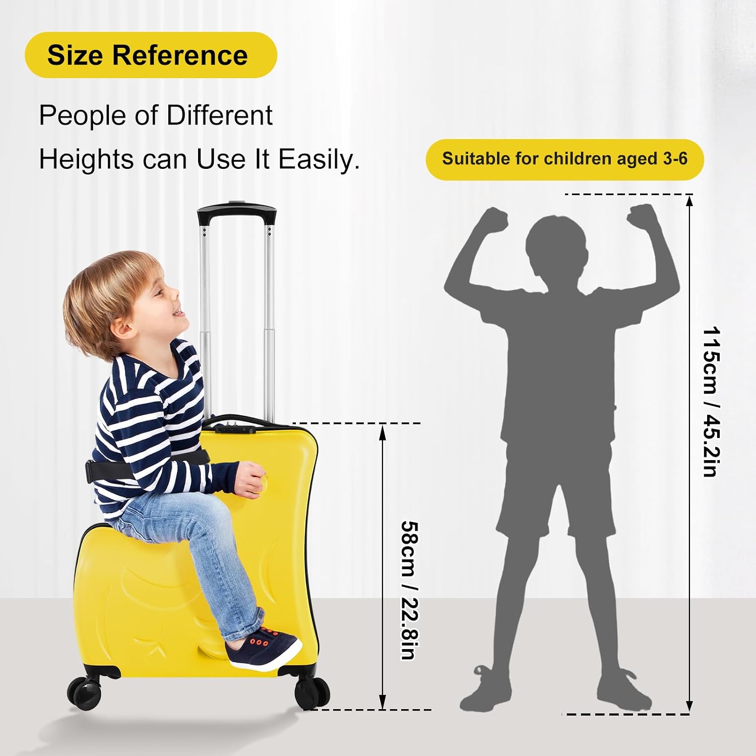 24 Inch Kid Ride Suitcase, Kid Luggage Seat Ride With Lock - Kids Travel Trolley With Safety Belt, Kids Luggage With Wheels Child Stroller Spinner Luggages, ABS+PC (Yellow, 6-12 Years)
