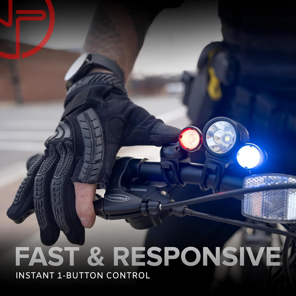 PS1200 Police Patrol Bike Light Set - Red/Blue Strobe LED - Rechargeable 18 Hr Max - Water Proof - 5 Modes - Heavy Duty Bicycle Lights for Professional Use