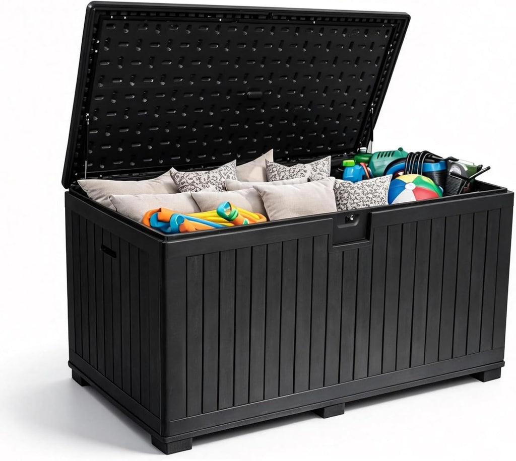 320 Gallon Deck Box with 6 Waterproof Foot Pads, Resin Storage Box Weatherproof, Plastic Cushion Container with Lock and Lids for Pool Equipment, Black