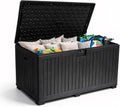 320 Gallon Deck Box with 6 Waterproof Foot Pads, Resin Storage Box Weatherproof, Plastic Cushion Container with Lock and Lids for Pool Equipment, Black