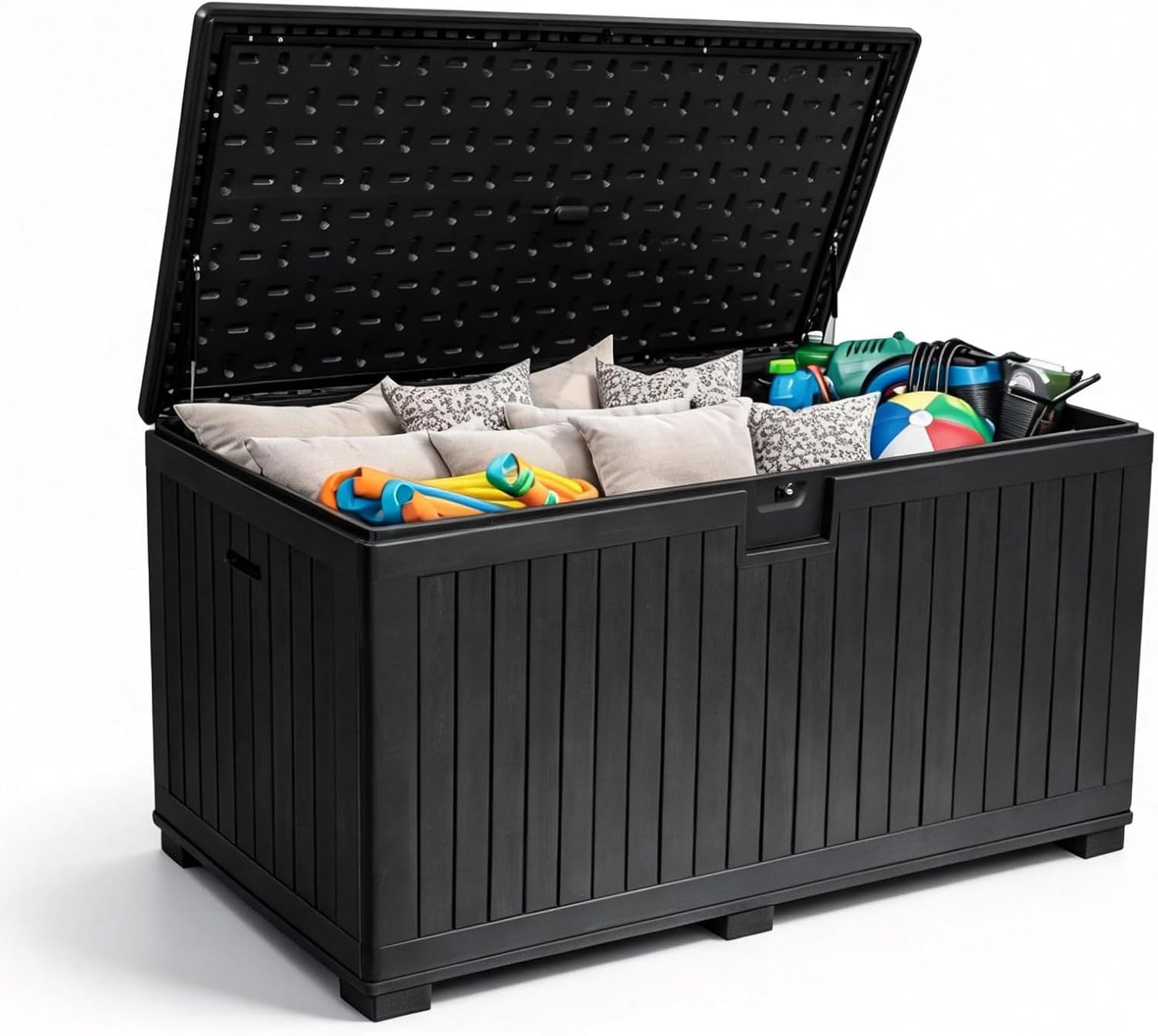 320 Gallon Deck Box with 6 Waterproof Foot Pads, Resin Storage Box Weatherproof, Plastic Cushion Container with Lock and Lids for Pool Equipment, Black