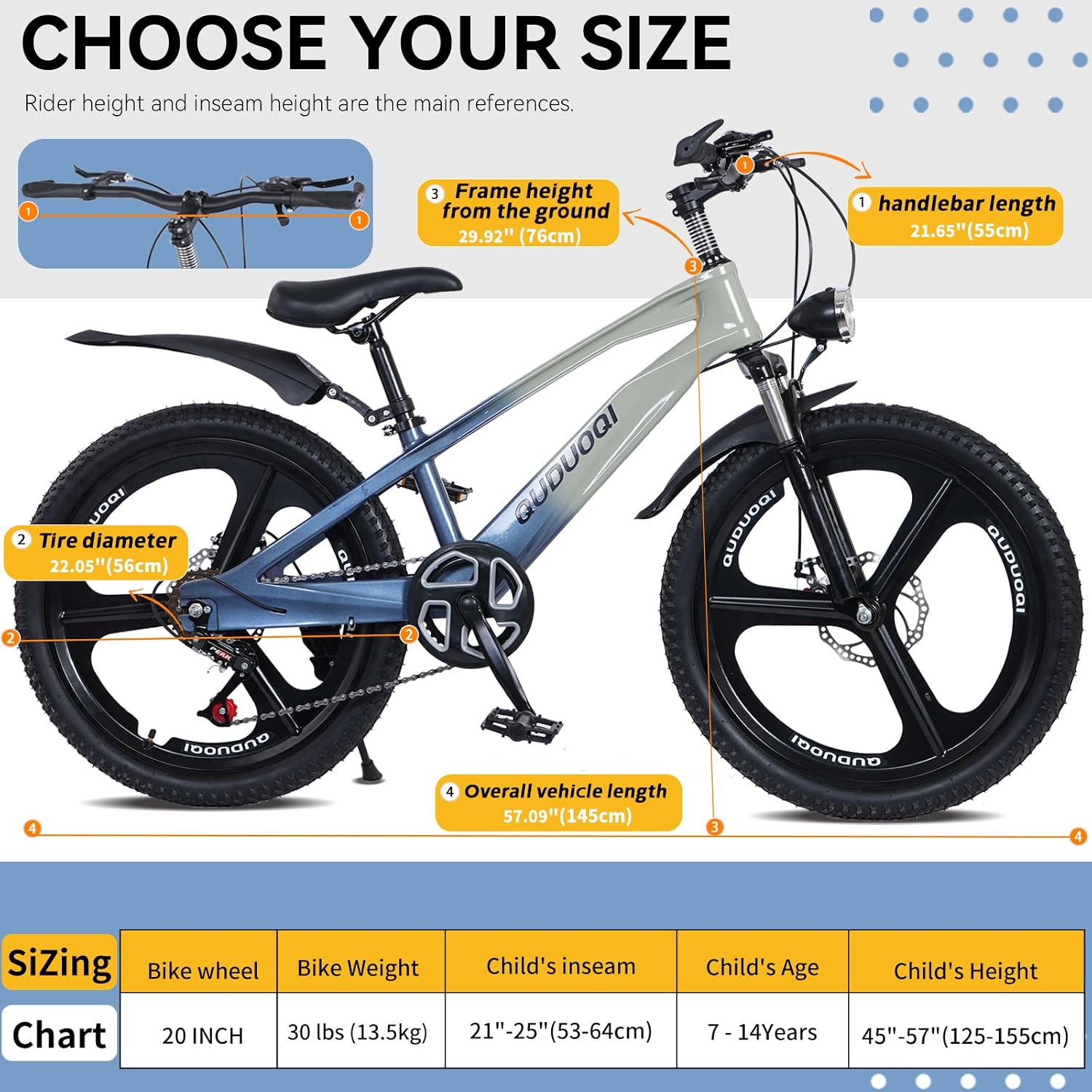 20 Inch Mountain Bike Bicycle for Kids Ages 7-12 with Dual Disc Brakes, 7 Speeds, Shock Absorber, LED Lights,for Boys & Girls