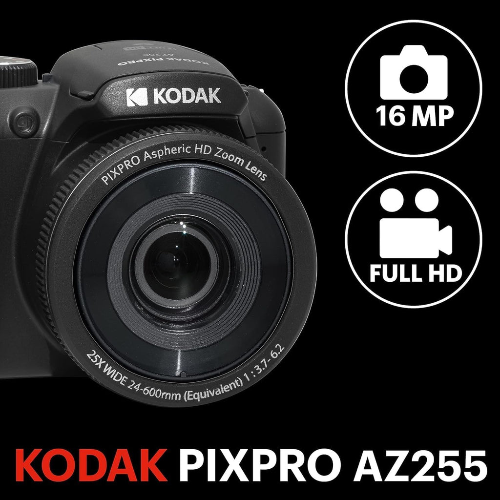 Kodak PIXPRO AZ255 Digital Camera (Black) Bundle with 32GB Memory Card (2) + Digital Camera/Video Case (4 Items)