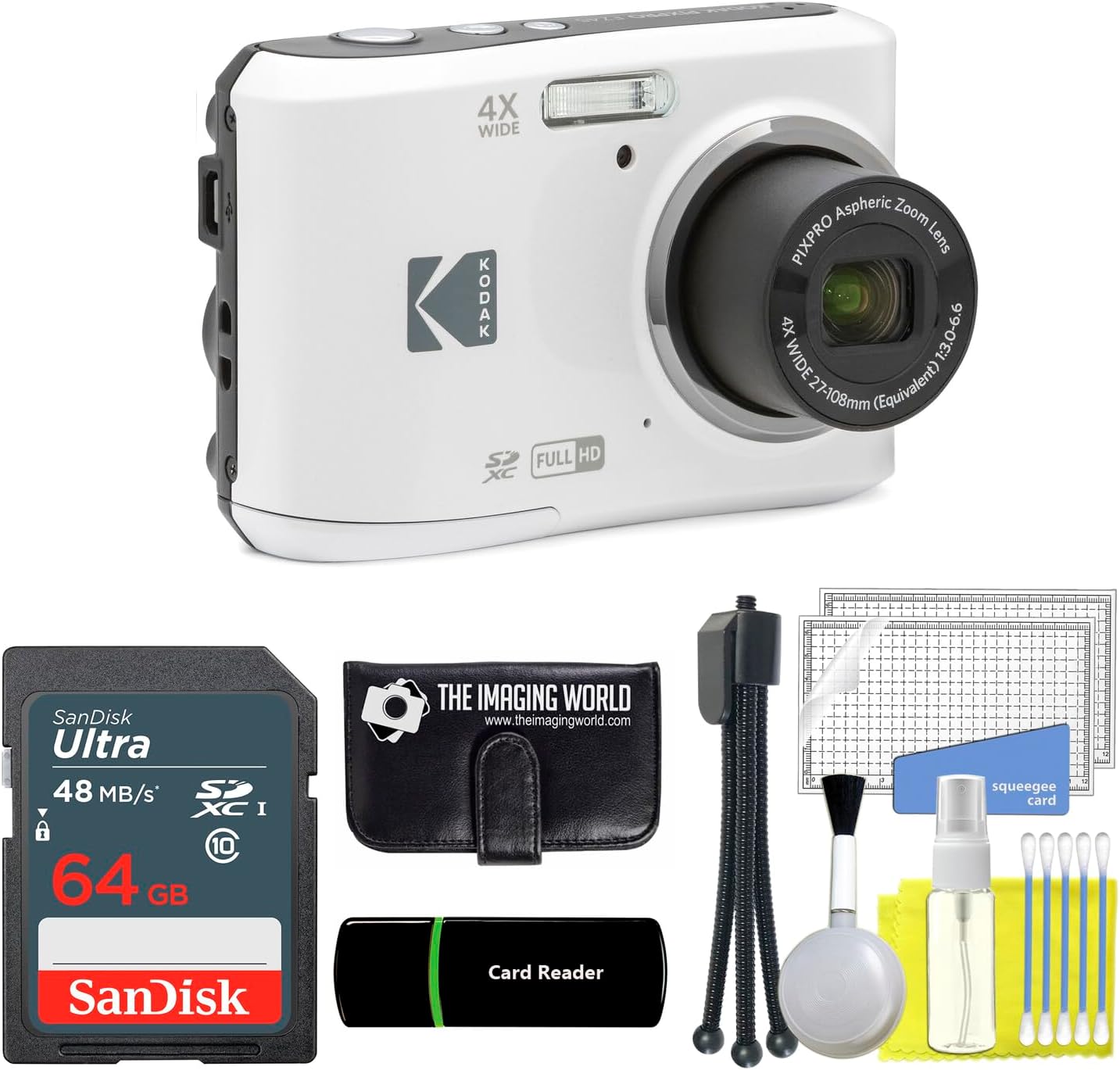 Kodak PIXPRO FZ45 16MP Digital Camera 4X Optical Zoom 27mm Wide Angle 1080P Full HD Video 2.7' LCD Camera (White) + 64GB Card and Reader + Memory Wallet + Tripod + Cleaning Bundle
